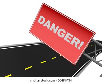 3d Illustration Of Red Danger Sign And Asphalt Road At Background