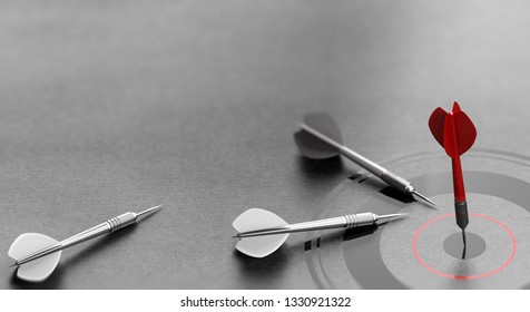 3D Illustration Of A Red Dart Reaching The Center Of A Target Over Grey Background And Other One Failed To Achieve Goal. Concept Of Business Or Corporate Success.