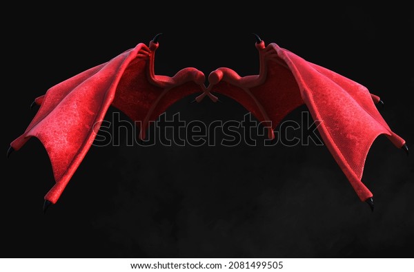 3d Illustration Red Dragon Wing, Red Devil Wings,\
Red Demon Wing Plumage Isolated on Dark Background with Clipping\
Path.