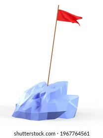 3D Illustration Of A Red Flag On The Top Mountain. Cute Cartoon  Reaching Goals Concept. Objective Attainment. Peak Of Success, Victory, Leadership.