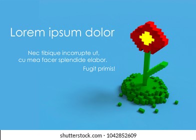 3D illustration of red flower. Voxel render. Template for a card, flyer, banner or design element.