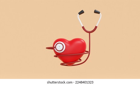 3D illustration. Red heart is bound with cute tube of stethoscope tool for diagnosis. Concept of heart check up. Clipping path. - Powered by Shutterstock