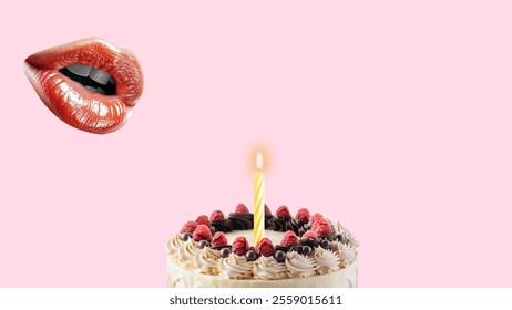 3D illustration red lips with birthday cake and single lit candle. Halftone pattern of lips blowing candle on birthday cake with vibrant background. Birthday celebration concept design. Budgetary. - Powered by Shutterstock