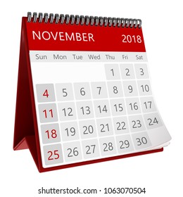 3d illustration of red monthly calendar isolated, page november 2018