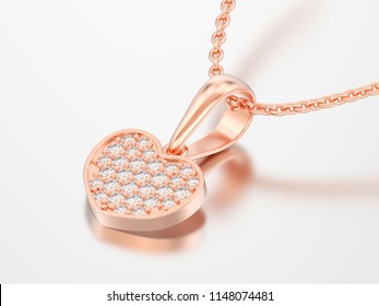 3D Illustration Red Rose Gold Diamond Heart Necklace On Chain On A Grey Background