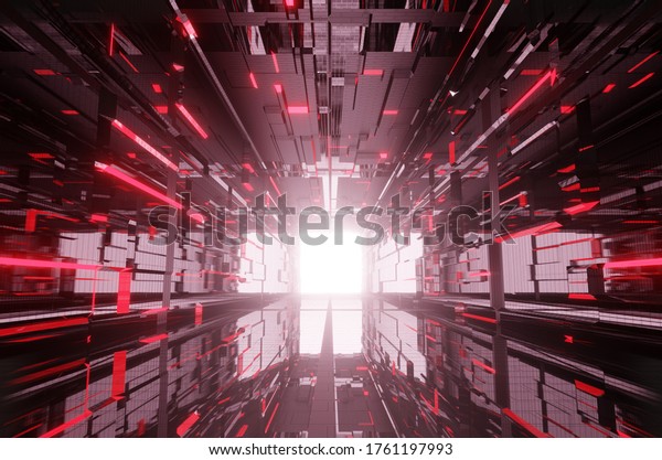 赤いsfの廊下の建築様式の3dイラスト 宇宙の廊下の未来的で技術的なデザイン サイバーパンクとバロラント様式のホールインテリア 現代的で科学的な危険のコンセプト のイラスト素材