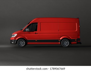 3D Illustration. Red Van Mockup Isolated On Black Background.