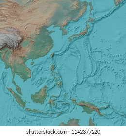 A 3D Illustration And Relief Map Of East And Southeast Asia