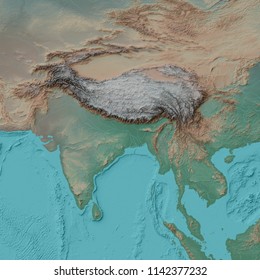 A 3D illustration and relief map of the Himalayas, Tibetan Plateau, and surrounding areas