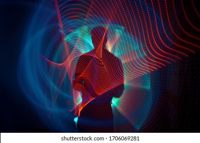 3D Illustration Or 3D Render. Abstract Image Made With Lightpainting. Colored Lights On Black Background. Human Silhoutte. Vibrant Colors In Abstract Pattern.