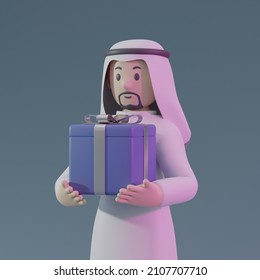 3d Illustration 3d Render Arabic Man Holding A Gift Box