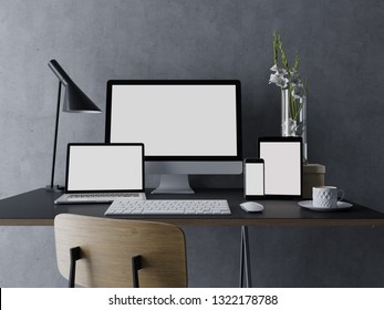 3d Illustration Render Of Mockup Template Of Blank White Screen For Your Web Design Portfolio On Elegant Workspace With Workstation, Tablet, Laptop, And Phone On Trendy Desk In Straight Front View