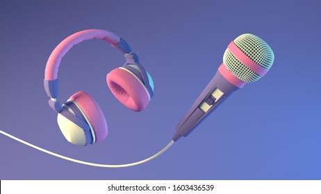 3d Illustration Or A 3d Render Of  Music Sound Effect Microphone Mic Singing Song  Dance Video Animation Notes Fly In Air Cable Wire Listen Hear Melody Instrument Live Play Pause Sing Background Copy 