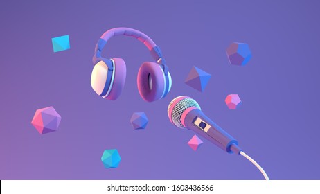 3d illustration or a 3d render of  music sound effect microphone mic singing song  dance video animation notes fly in air cable wire listen hear melody instrument live play pause sing background copy 