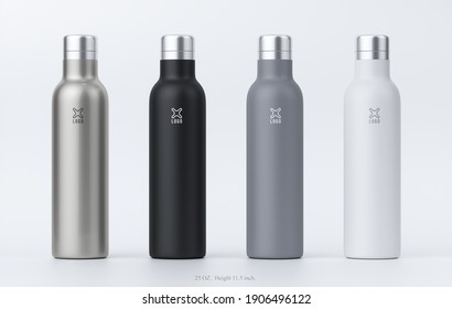 3D illustration Rendering Aluminium Bottle on White Background Metallic Black Grey White