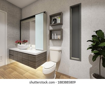 3d illustration, 3d rendering - Bathroom Design in minimalist style. Using wooden ceramic and under cabinet lighting. There are including washbasin cabinet and closet. Suitable for residential houses.