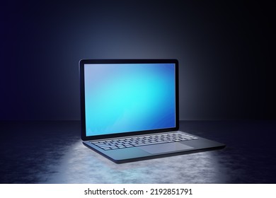 3D Illustration Rendering. Black Laptop Computer Blue Blank Screen Texture Dark Background.