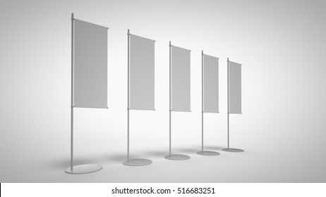 3D illustration; 3D rendering; Blank flags with a white cloth on a neutral background