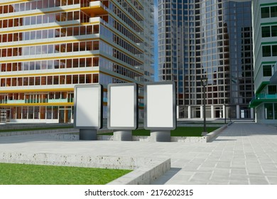 3D illustration, rendering blank three mockup poster or signboard with stand on walkway between car park and modern building, empty space for insert advertisement to public place