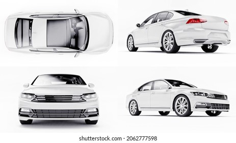 3d illustration. 3d rendering of a brandless generic white car in a white studio environment