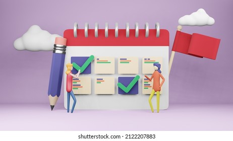 3D Illustration Rendering Calendar Task Management Teamwork Collaboration Cooperation Team Working Environment Supportive Modern Company Department Success Forward Milestone Release Goal Achievement 