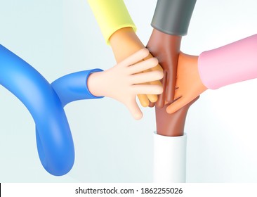 3D Illustration. 3D Rendering. Cartoon Character. Teamwork Join Hand Together Concept, Business Team Brainstorming And Hands Together, Volunteer Charity Work. People Joining For Cooperation Business