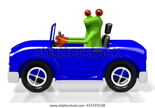 3D illustration/\
3D rendering - cartoon frog and toy car - great for topics like\
driving, transportation\
etc.