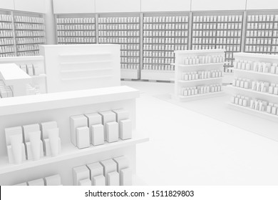 3D Illustration Rendering. Clean Pharmacy Views On White Backgorund For Presentation And Mockup Blueprints. Architectural Visualization Of Modern Interior Design Store.