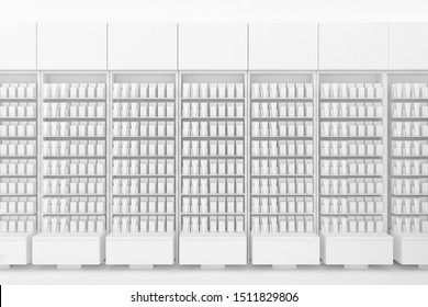 3D Illustration Rendering. Clean Pharmacy Views On White Backgorund For Presentation And Mockup Blueprints. Architectural Visualization Of Modern Interior Design Store.