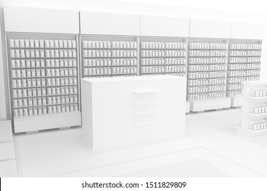 3D Illustration Rendering. Clean Pharmacy Views On White Backgorund For Presentation And Mockup Blueprints. Architectural Visualization Of Modern Interior Design Store.