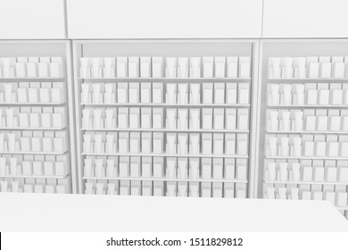 3D Illustration Rendering. Clean Pharmacy Views On White Backgorund For Presentation And Mockup Blueprints. Architectural Visualization Of Modern Interior Design Store.