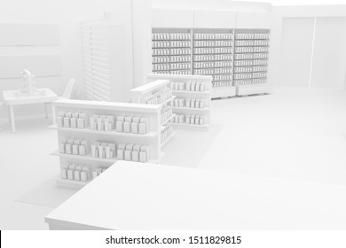 3D Illustration Rendering. Clean Pharmacy Views On White Backgorund For Presentation And Mockup Blueprints. Architectural Visualization Of Modern Interior Design Store.