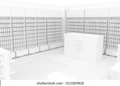 3D Illustration Rendering. Clean Pharmacy Views On White Backgorund For Presentation And Mockup Blueprints. Architectural Visualization Of Modern Interior Design Store.