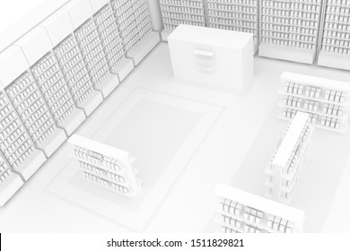 3D Illustration Rendering. Clean Pharmacy Views On White Backgorund For Presentation And Mockup Blueprints. Architectural Visualization Of Modern Interior Design Store.