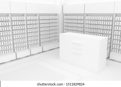 3D Illustration Rendering. Clean Pharmacy Views On White Backgorund For Presentation And Mockup Blueprints. Architectural Visualization Of Modern Interior Design Store.