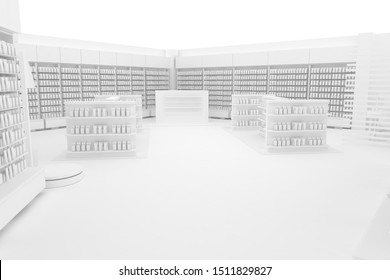 3D Illustration Rendering. Clean Pharmacy Views On White Backgorund For Presentation And Mockup Blueprints. Architectural Visualization Of Modern Interior Design Store.