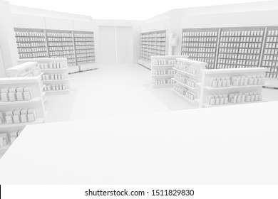 3D Illustration Rendering. Clean Pharmacy Views On White Backgorund For Presentation And Mockup Blueprints. Architectural Visualization Of Modern Interior Design Store.