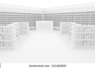 3D Illustration Rendering. Clean Pharmacy Views On White Backgorund For Presentation And Mockup Blueprints. Architectural Visualization Of Modern Interior Design Store.