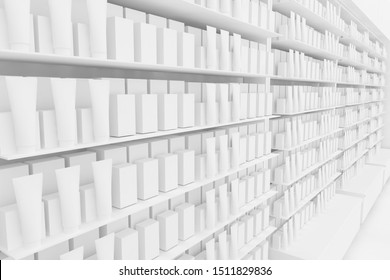 3D Illustration Rendering. Clean Pharmacy Views On White Backgorund For Presentation And Mockup Blueprints. Architectural Visualization Of Modern Interior Design Store.