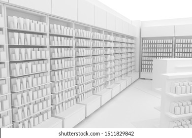 3D Illustration Rendering. Clean Pharmacy Views On White Backgorund For Presentation And Mockup Blueprints. Architectural Visualization Of Modern Interior Design Store.