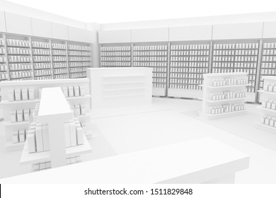 3D Illustration Rendering. Clean Pharmacy Views On White Backgorund For Presentation And Mockup Blueprints. Architectural Visualization Of Modern Interior Design Store.