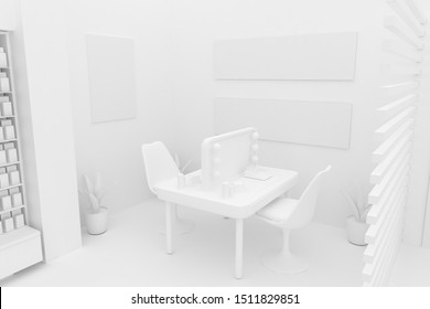 3D Illustration Rendering. Clean Pharmacy Views On White Backgorund For Presentation And Mockup Blueprints. Architectural Visualization Of Modern Interior Design Store.