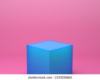 3D Illustration Rendering Concept Backdrop Of Studio Shooting Set Up Of Pink Background And Blue Cube Symmetric Pedestal In Vaporwave Style Colors.