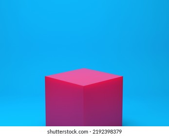 3D Illustration Rendering Concept Backdrop Of Studio Shooting Set Up Of Blue Background And Pink Cube Symmetric Pedestal In Vaporwave Style Colors.