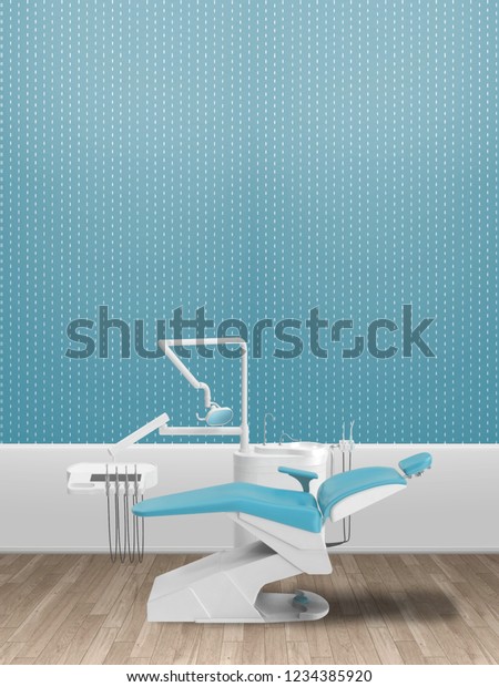 3d illustration rendering of\
dentist\'s chair against turquoise striped wallpaper\
background
