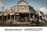 3D illustration rendering of an empty street in an old wild west town with wooden buildings.