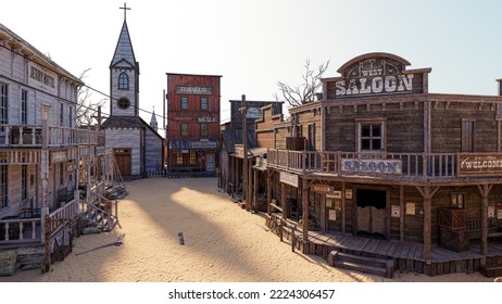 3D illustration rendering of an empty street in an old wild west town with wooden buildings.