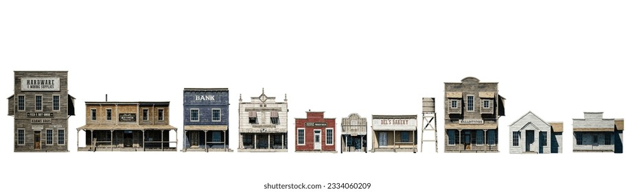 3D illustration rendering of an empty street in an old wild west town with wooden buildings.
