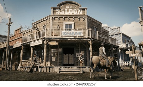 3D illustration rendering of an empty street in an old wild west town with wooden buildings.