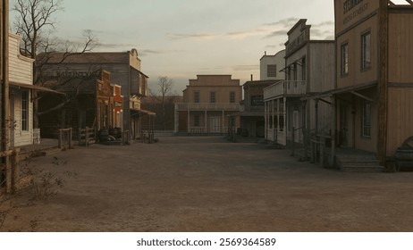 3D illustration rendering of an empty street in an old wild west town with wooden buildings.